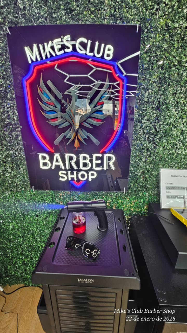 Letrero neón Mike's Club Barber Shop con águila